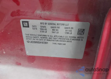 2014 Chevrolet Sonic Lt Auto from USA, damaged, VIN 1G1JC5SHXE4167261